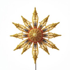 Ornate gold glitter christmas tree topper star isolated on transparent background