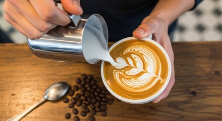 Pouring milk into cappuccino with latte art, coffee beans and spoon