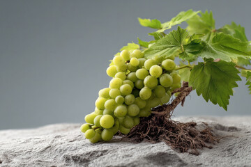 Naklejka premium Green grape cluster with vine root and fresh leaves on stone surface, natural light, healthy fruit, organic agriculture concept
