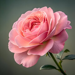 Close up of a pink rose with delicate petals and a green stem against a blurred background