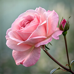 A close up of a pink rose in full bloom next to a rose bud against a blurred background outdoors