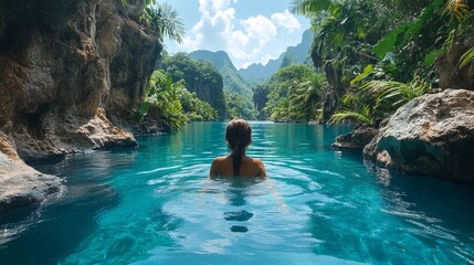 A serene moment unfolds as a woman enjoys a peaceful swim in a stunning tropical lagoon surrounded by lush greenery