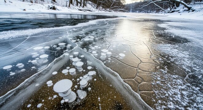Cracked ice surface with frozen methane bubbles on a river in winter