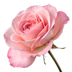 A soft pink rose with delicate petals and a green stem isolated on a clean white background view