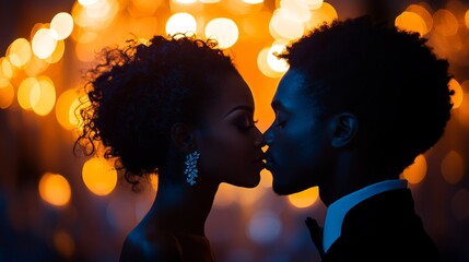 A couple leans in for a tender kiss surrounded by enchanting bokeh lights, capturing the magic of romance at night