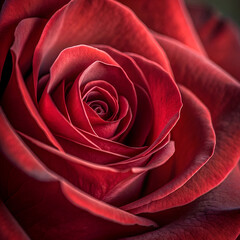 A macro photograph showcasing the intricate layers and deep red color of a blooming rose flower