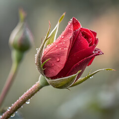 A close up of a red rose bud covered in water droplets with a blurred background outside view