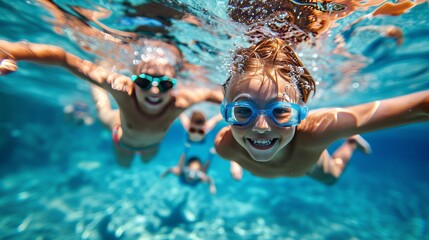 A young boy and his family enjoy underwater swimming together in a pool during summer vacation