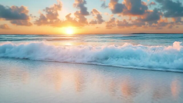 Seashells on tranquil beach with vibrant sunset over ocean waves, serene coastal view, perfect vacation dream