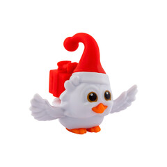 Toy white owl carries a New Year's gift. The isolation is on a transparent background in the PNG format.