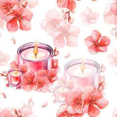 Watercolor burning candle with flowers seamless pattern on white background for fabric, textile, wrapping, branding,scrapbook, pink, for beauty salon, suitable for decor, festive, romantic and cute.