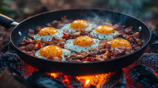 Preparing a hearty breakfast with sizzling bacon and perfectly fried eggs on a camping stove amidst lush nature