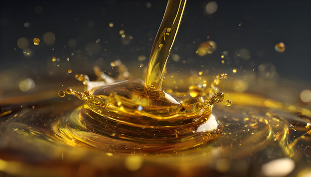 Shot of Pouring and Splashing Golden Oil Liquid
