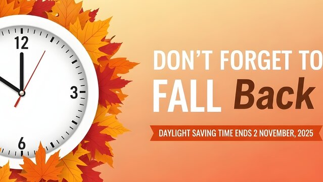 Daylight Saving Time Ends – Fall Back. Banner or background featuring a realistic wall clock and autumn leaves. Remember to set your clocks back one hour on November 2, 2025. Time change reminder for  - Powered by Adobe