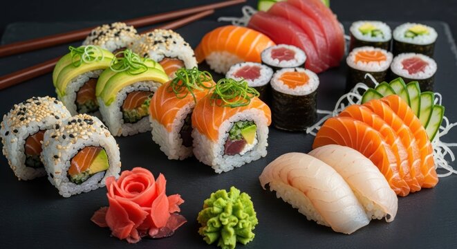 Assorted sushi rolls, nigiri, sashimi served on dark plate, close up - Powered by Adobe