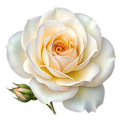 A detailed illustration of a creamy white rose with a golden center and a small green bud attached