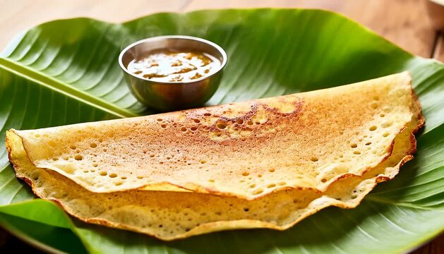 Golden crepe with dipping sauce on banana leaf dish, South Indian food