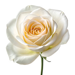 Close up of a single white rose with a cream colored center on a white background with a stem