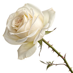 A single white rose with a thorny stem and green leaves isolated on a white background studio shot