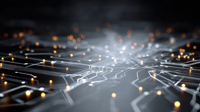 Digital Data Flow on Glowing Circuit Board Traces