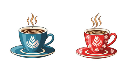 Obraz premium A vibrant illustration featuring two steaming hot coffee cups, one blue and one red, adorned with latte art and festive winter designs.