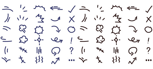A versatile vector set of hand-drawn doodle symbols, arrows, and emphasis elements in a dual-color palette (blue and black/brown). Ideal for adding a playful or informational touch to presentations