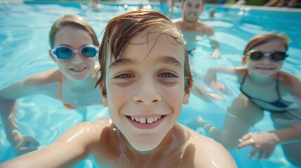 A young boy and his family enjoy underwater swimming together in a summer vacation pool adventure