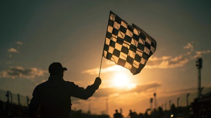 Triumph: Finish Line Official with Checkered Flag at Dusk