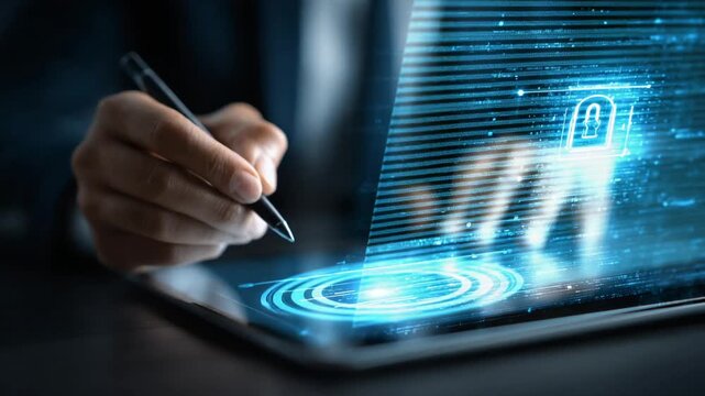 Digital signature on tablet, securing sensitive data with advanced cybersecurity technology, protecting online transactions.