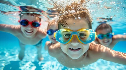 Naklejka premium A young boy enjoys underwater swimming with his family in a pool during summer vacation