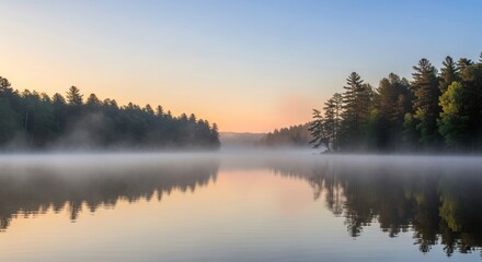 Obraz premium Foggy lake reflecting trees at dawn in a serene landscape nature scene