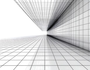 White grid lines form a stark perspective, creating an abstract architectural design against a bright white background