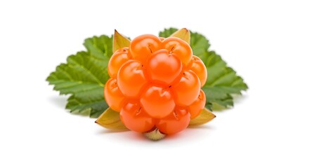 Ripe Cloudberry with Green Leaves on White Background.