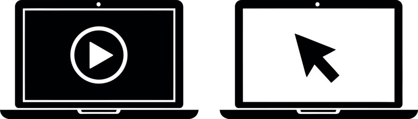 Two laptops with play button and cursor silhouette