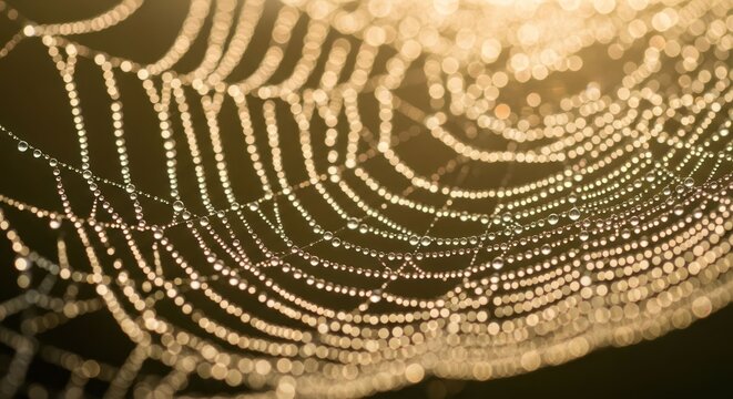 Spiderweb covered in morning dew; glistening golden in early light