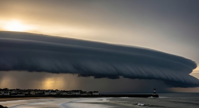 Stormy Weather Over Coastal Town with Dramatic Sky and Lighthouse