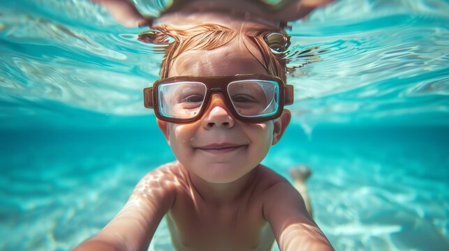A young boy and his family enjoy underwater swimming together in a summer pool adventure