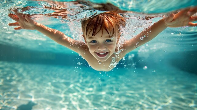 A young boy and his family delight in underwater swimming fun during their summer vacation pool time