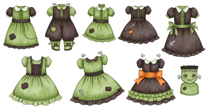Adorable illustration of various cartoon dresses with a Frankenstein's monster face