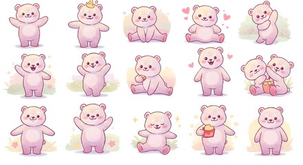 Adorable set of cartoon polar bears in various poses and expressions