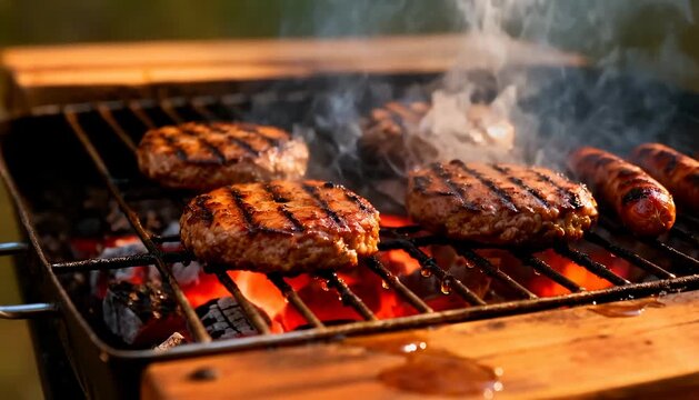 Grilling juicy beef patties and sausages over glowing charcoal briquettes