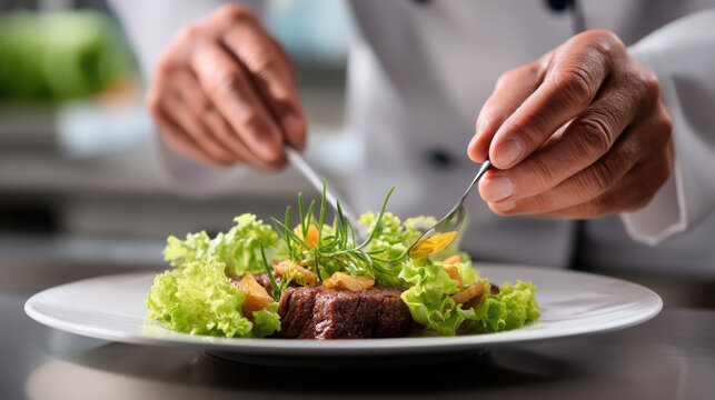 Chef hands plating gourmet steak salad with fresh greens and herbs, fine dining restaurant, culinary art, focus on detail