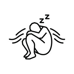 Obraz premium Simple black and white line icon of a person sleeping curled up in a fetal position, isolated on