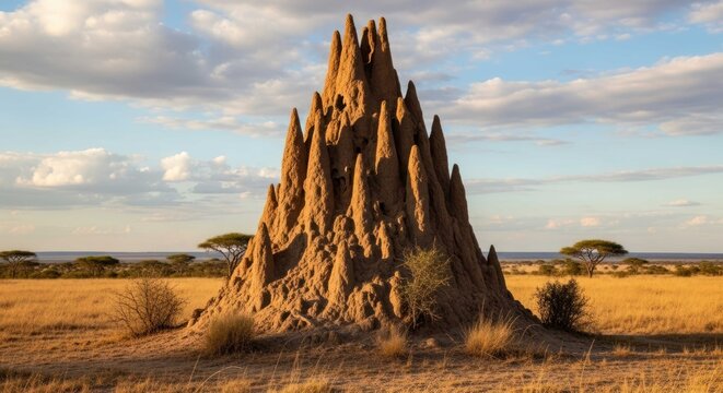 Large termite mound in golden savanna landscape under a cloudy sky