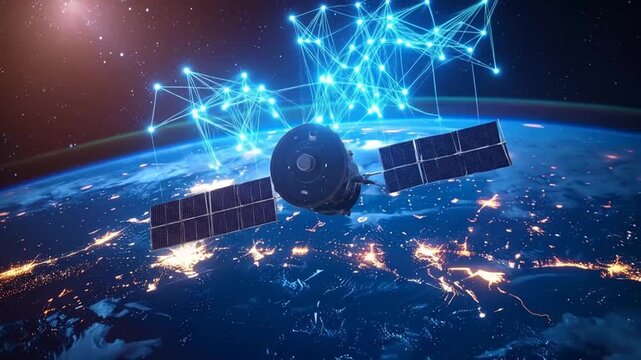 Satellite Orbiting Earth with Global Network Connections
