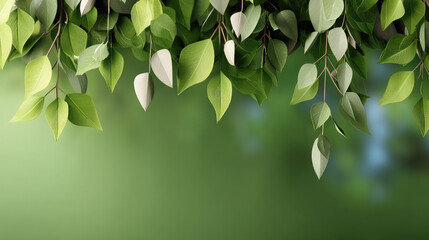 Obraz premium Green leaves hanging on tree branch with soft sunlight, spring nature background, fresh foliage, peaceful and vibrant atmosphere