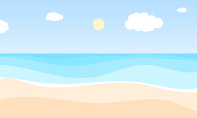 bright flat beach illustration showing calm waves sunny sky and relaxed summer atmosphere.