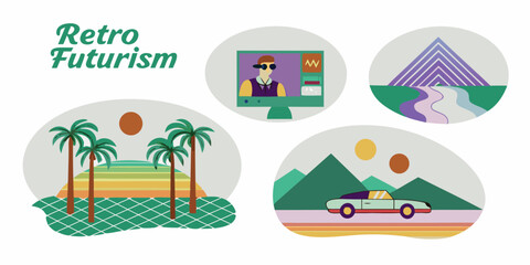 Fototapeta premium Retro futurism illustration with palm trees car computer and pyramid landscape