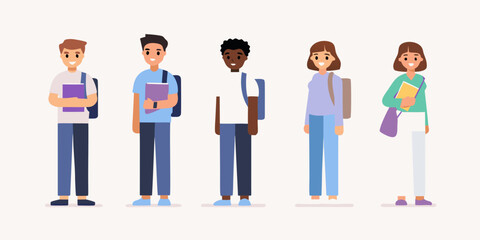 Diverse group of students with backpacks and books standing together