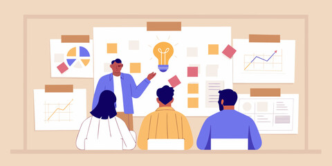 Brainstorming session with diverse team presenting business ideas and strategy